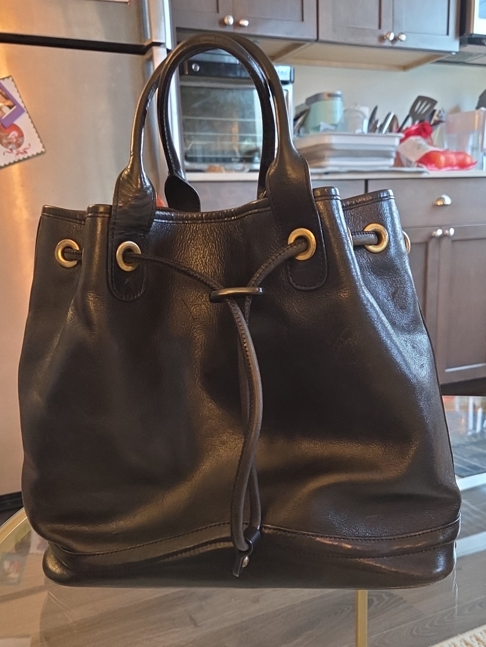 Monsac Italian Leather Bucket Bag With Drawstring Closure